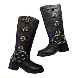 Tall Black Motorcycle Boot Women's Knee High Buckled Lug Sole Riding Boot Sz 6